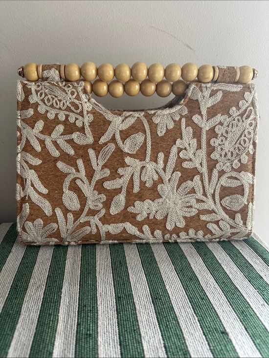 Haute Hippie Handbags - Haute Hippie Floral Cork Embroidered Beaded-Handle Clutch